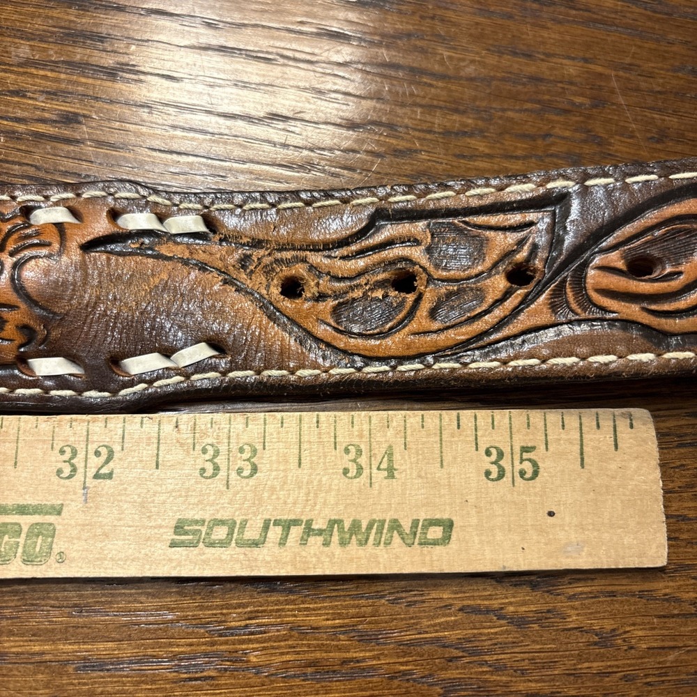 Vintage Hand Tooled Leather Belt Name "Roger" Brown Men 36 Circle G No Buckle - Picture 8 of 8
